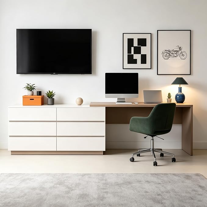 Retractable L-Corner Computer Desk with 6 Organizer Drawers for Games, Make-up, Home Office, Khaki (Khaki)