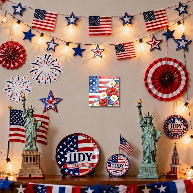 Patriotic Wooden Box Sign,Stars And Stripes Floral 4th Of July Signs Home Decor,Independence Memorial Day Block Sign for Desk Shelf Tabletop Decor