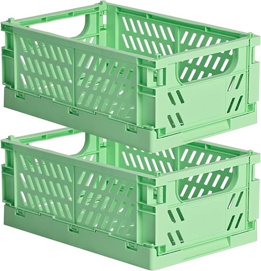 HUUSMOT 2-Pack Small Pastel Plastic Storage Baskets, Collapsible Crates for Organizing, Space-Saving Mini Bins for Classroom, Kitchen, Office, Bedroom (Green, 9.8" x 6.5" x 3.8")