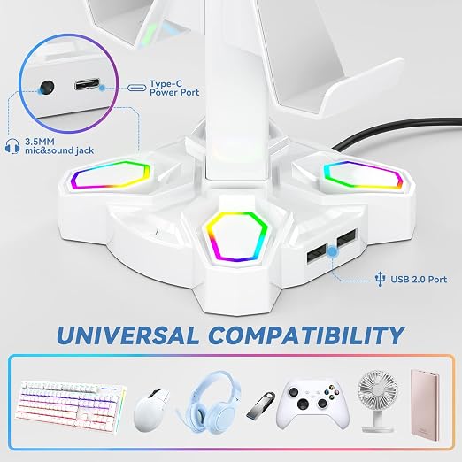 KDD Gaming Headphones Stand, Rotatable Headset Stand with Light Modes - Controller Holder with 2 USB Charging Ports and 3.5mm - Earphone Hanger Accessories for Desktop Gamer(White)