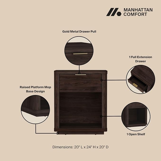 Manhattan Comfort Evelyn Nightstands Set of 2 with Full Extension Drawer and Open Shelf – Modern Bedroom Night Stand or Living Room Side Tables with Storage – Easy Assembly, Brown