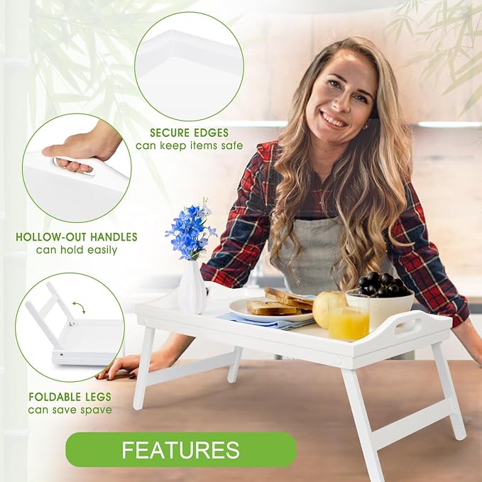 Bed Tray Table Bamboo Breakfast Food Tray with Folding Legs Kitchen Platters Serving Plate for Bed TV Table Desk Laptop Computer（White Large）