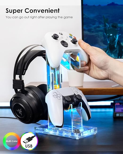 OAPRIRE Headset and Controller Stand with Lights, 2 Tier Acrylic Game Controller Holder, Controller and Headset Stand for Desktop,Universal Design Compatible with PS5/PS4/XBOX/SWITCH (Clear)