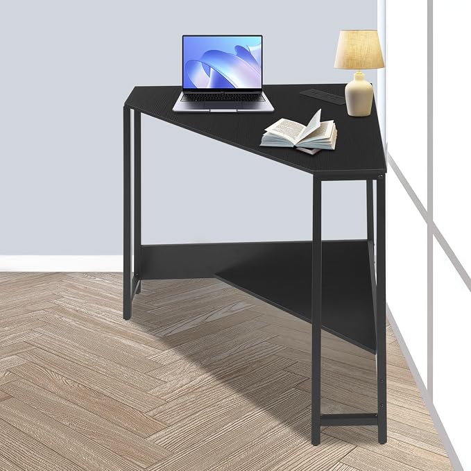 Corner Desk with Outlets and USB Ports, 26.77x26.77x29.53in Triangle Desk with Storage for Home Office, Workstation, Living Room, Bedroom, Small Space (Black)