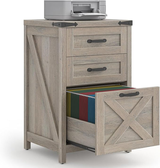 Halitaa 3 Drawer Small File Cabinet, Farmhouse Vertical Filing Cabinet Fits Letter and A4 Size, Under Desk Wooden File Cabinets for Home Office, Printer Stand, Rustic Grey