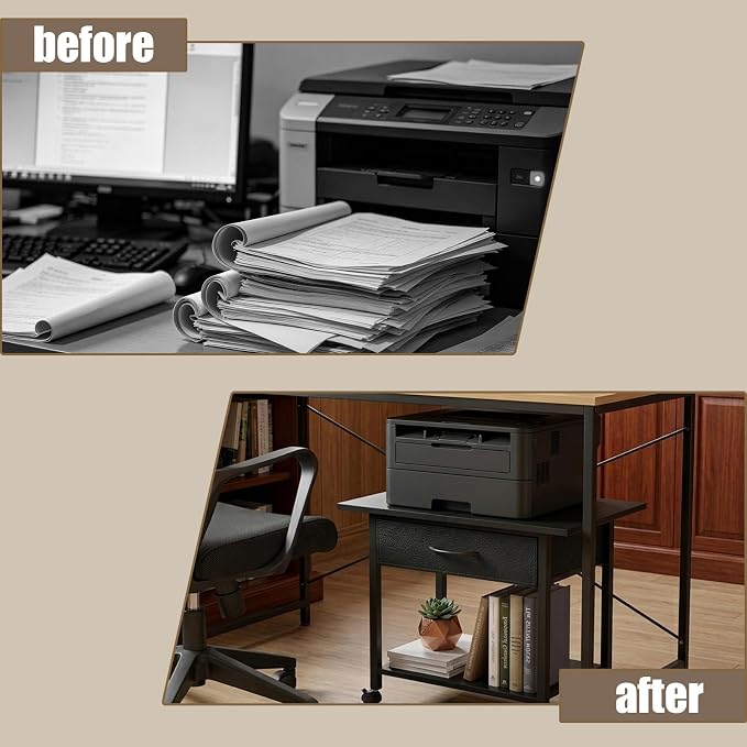 22" x 15" Under Desk Rolling Printer Stand, 2-Tier Industrial Mobile Printer Table with Strong Fabric Drawer, Storage Shelf, Steel Frame and Lockable Wheels, Printer Cart for Home Office (Black)