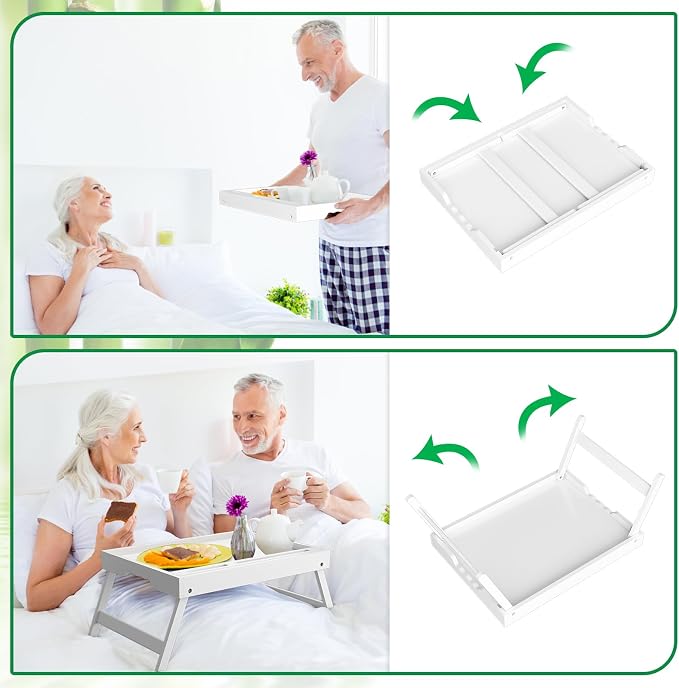 Artmeer Bed Tray Table with Folding Legs, Bamboo Breakfast Food Tray with Media Slot, Use As Platter, Laptop Desk, Snack, TV Tray Kitchen Serving Tray (White Extra-Large Size)