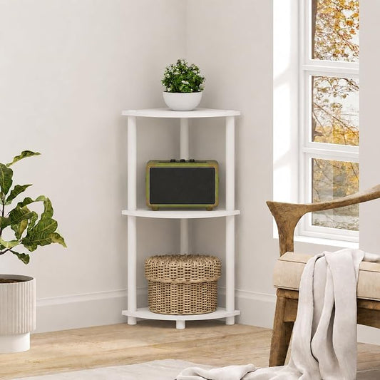Furinno Turn-N-Tube Toolless Assembly 3-Tier Corner Shelf, White Corner Book Shelf, Open Shelves Bookshelf, for Organization and Storage, Living Room, Home Office, Bedroom, Plain White