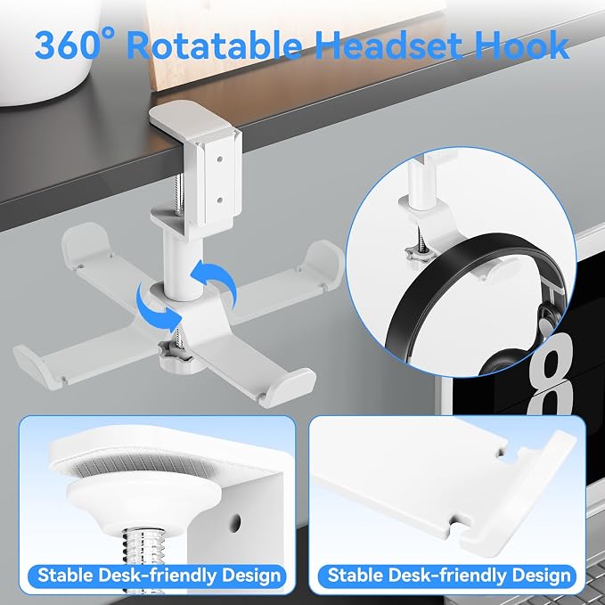Desk Cup Holder Clamp with Headphone Hanger and Storage Tray | Clamp on design, rotating headphone hanger, detachable storage tray, cable holes, fits 5-50mm desks