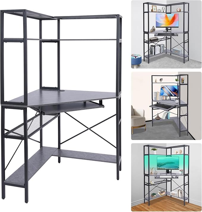 Corner Desk, Corner Computer Desk with Power Outlets, 29.5x29.5x60in Gaming Desk with LED Light Strip & Storage Shelves for Home Office and Small Space (Gray)