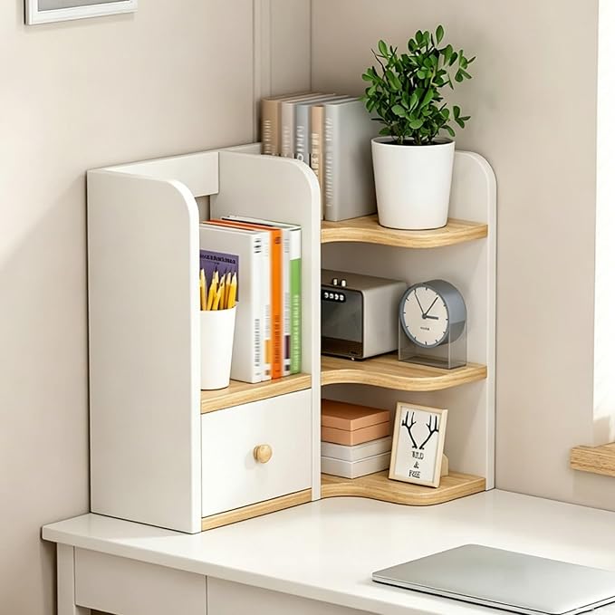 3-tier Corner Desktop Organizer Shelf, Wooden Desktop Bookshelf with Drawers, Multifunctional Desk Hutch Dorm, Desk Display Rack, Cube Storage Organizer Bookcase(White+Wood B-l,23.6x19.6x19.6'')