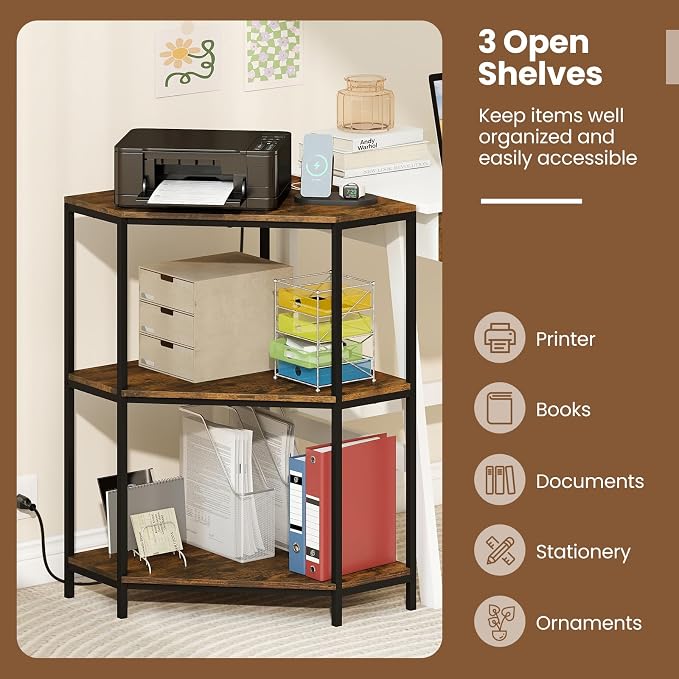 Giantex Corner Printer Stand, 3-Tier Corner Shelf with Charging Station and Metal Frame, Small Industrial Bookshelf, Printer Table for Living Room, Kitchen, Home Office (1)