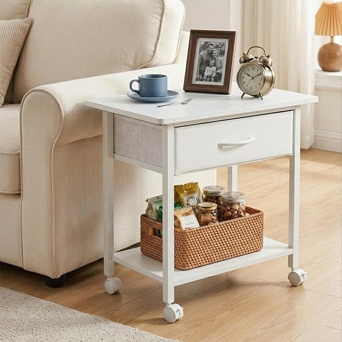 22" x 15" Under Desk Rolling Printer Stand, 2-Tier Industrial Mobile Printer Table with Strong Fabric Drawer, Storage Shelf, Steel Frame and Lockable Wheels, Printer Cart for Home Office (White)