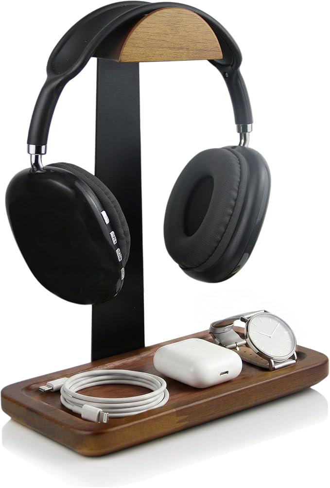 Gift for Men Headphone Stand with Storage Base, Stylish Headset Holder Gamer Gifts for Gaming & Desk to Keep Accessories Organized, Unique Gifts for Teenage Boy Brother on Birthday (Brown Wood)