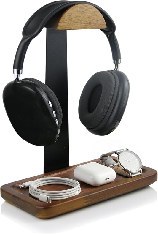 Gift for Men Headphone Stand with Storage Base, Stylish Headset Holder Gamer Gifts for Gaming & Desk to Keep Accessories Organized, Unique Gifts for Teenage Boy Brother on Birthday (Brown Wood)