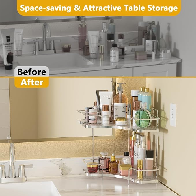 FOLLOWIN 2 Tier Countertop Corner Organizer - Corner Storage for Bathroom Counter, Makeup Cosmetics, Skincare, Perfume Stand Holder, Metal Stable Frame with Clear Acrylic Trays, Silver