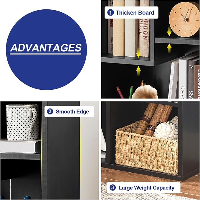 VECELO 11.8" Open Bookshelf, Waterproof Particle Board Asymmetrical Split Cubby Storage Organizer, Black Uneven Compartment Display Cube for Tall Books, Bedroom Dorm Office