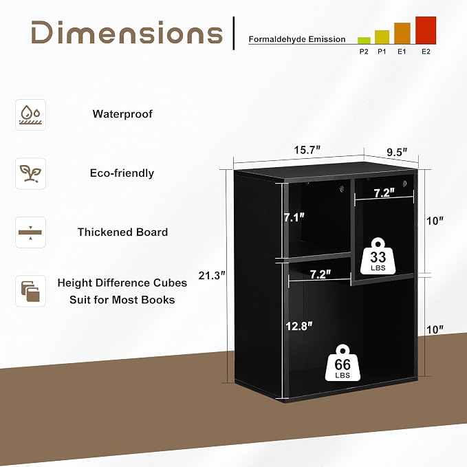 VECELO 15.7" Open Bookshelf, Waterproof Particle Board Asymmetrical Split Cubby Storage Organizer, Black Uneven Compartment Display Cube for Tall Books, Bedroom Dorm Office