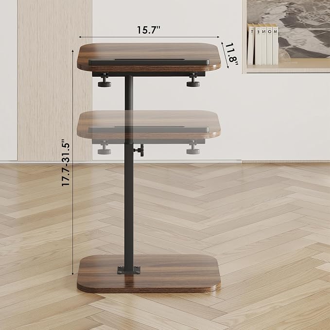 Side Table Sofa Tv Tray Height Adjustable C Shaped End Table 360° Swivel Overbed Living Room Couch Table, Walnut