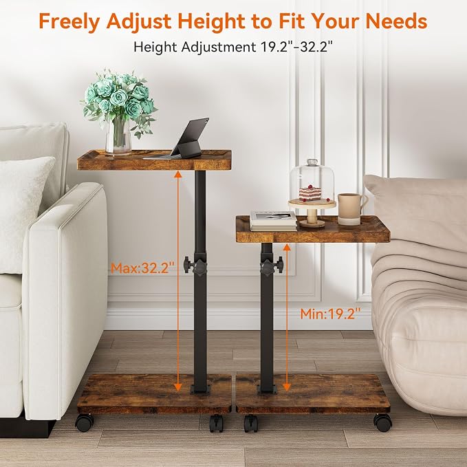 IBUYKE C Shaped Side Table Height Adjustable, 360° Swivel TV Tray Table with Wheels, End Table for Small Spaces,Living Room,Small Bedside Table for Eating, Dinner or Laptop, Brown UTVT007H