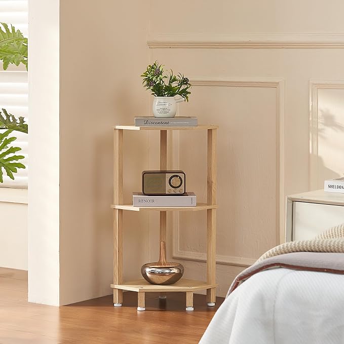 YUFAM 3-Tier Corner Shelf with Sturdy 5-Leg Base, Wooden Corner Bookshelf for Small Spaces, Small Corner Table for Living Room, Bedroom, Bathroom, Natural