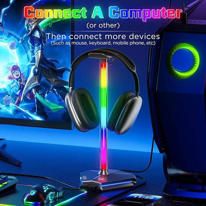 RGB Headphone Stand with 2 USB2.0 Extension Charging Port Extender Cord,Headset Stand Holder for Gamer Desktop Table Game Earphone Accessories,PC Gaming Accessories for Gamer,Gifts for Boyfriend（Grey）