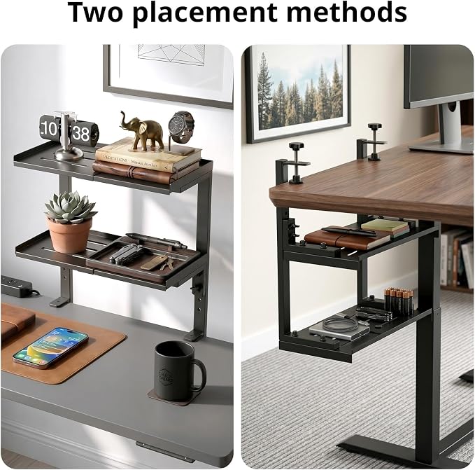ENCIMART Expandable Clamp on Desk Shelf, 2 Tier Adjustable Desktop Shelves Organizer, Above or Under Heavy Duty Desk Storage with Headphone Holder for Working and Gaming Desk Accessories (Black)