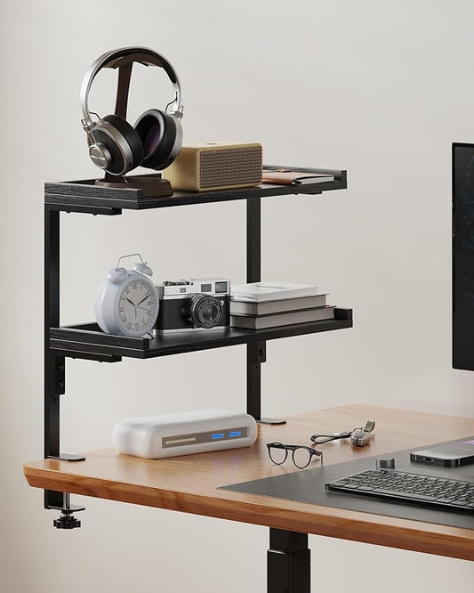 Clamp On Desk Shelf 2-Tier, 16.5 in Wood Shelving Unit for Office Desk/Gaming Accessories, Tabletop Book Storage Rack, Shelf for Top of Desk, Black