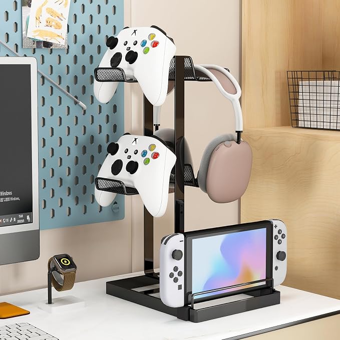 Multi-Tier Game Controller Holder Ideal Gamer Gift Controller Organizer for PlayStation 5 PS4 Xbox Headphone Stand Gaming Desk Accessories (Black, 2-Tier)