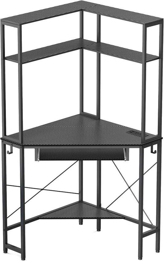 Corner Desk with Hutch and LED Lights, Corner Computer Desk with Keyboard Tray and Monitor Stand, Small Computer Desk for Small Spaces, Home Office（Carbon Black）