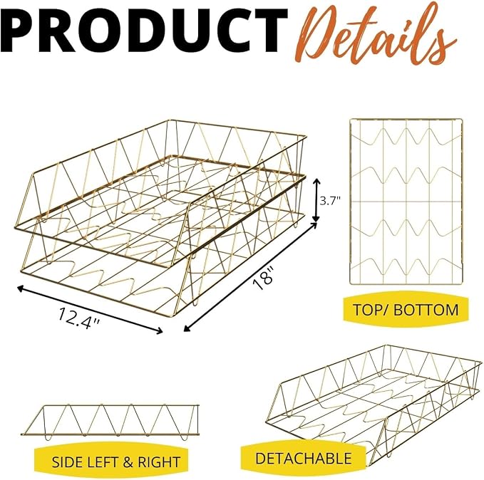 Performore 11x17 Stackable Metal Paper Tray Organizer, 2-Tier Wire Desk Trays for Office & Home, Gold File Holder for Documents, Mail, Folders & Tabloid-Size Paper