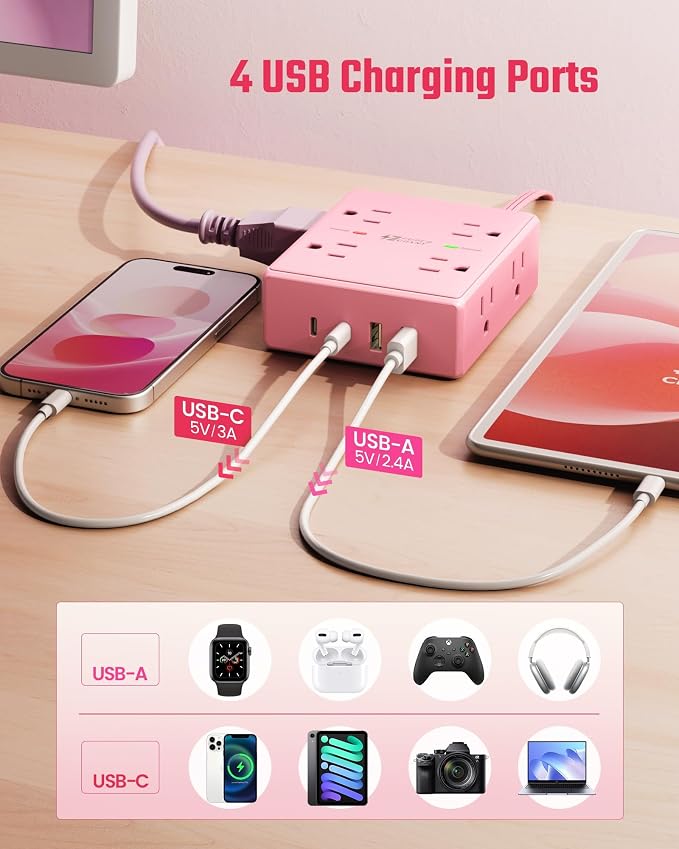 Pink Extension Cord 10Ft, Flat Plug Surge Protector Power Strip, 8 Outlets & 4 USB Ports (2 USB C), Cute Stuff Pink Room Decor, Home Office Kawaii Desk Accessories for Girls