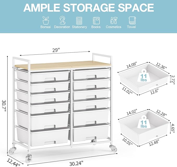 Rolling Storage Cart with 12 Drawers, Wooden Tabletop Utility Cart for Craft Storage, Art Supply Storage & Home Office Organization, Teacher Cart with Wheels for Classroom, School (White)