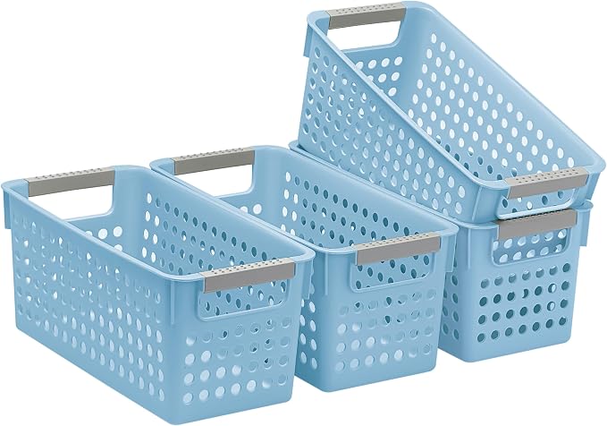 Soddeph 4 Pack Slim Plastic Storage Basket with Handles, Rectangular Storage Bins for Shelves,Narrow Organizer box for Organizing, Kitchen,Home,Office (Blue, Small)