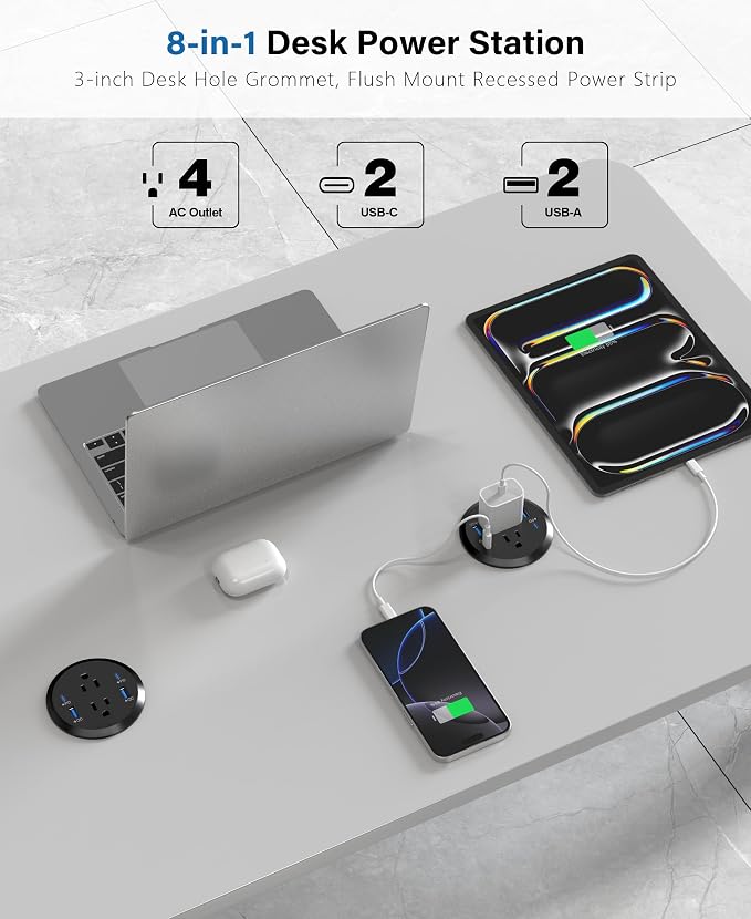 Jgstkcity Power Strip,Flush Mount Recessed Power Grommet,65W USB C Fast Charging,3-Inch Hole, 4 Outlets & 4 Ports, Ideal for Desktop & Countertop Outlet,Dual-Sided (Black, 6FT)
