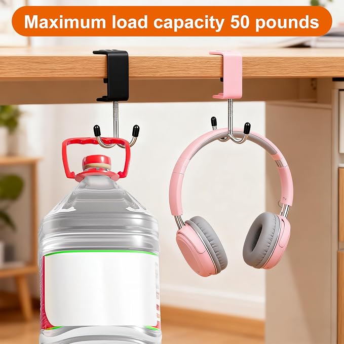 4 Pack Adjustable Purse Hooks for Table & Desk, Double-Hooks Heavy-Duty Backpack Hanger 100lb Capacity High-Strength Metal Bag Holder Space-Saving Desk Organizer for Handbag Headphone Umbrellas