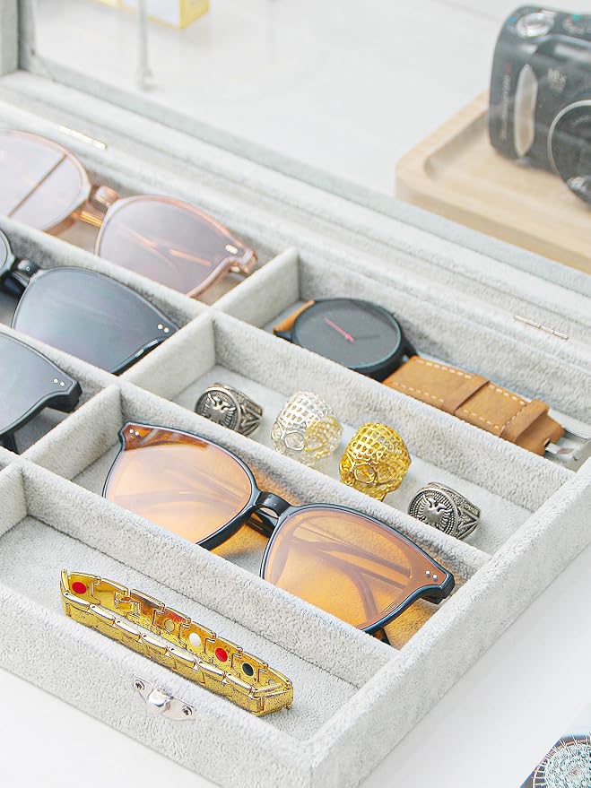 Jewelry Sunglasses Organizer Tray, Grey Velvet Eyeglasses Display Tray Box, Glasses Organize Storage Holder for Home Desk or Selling Show Display (with Lid)