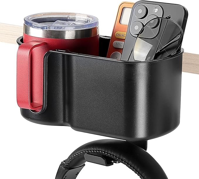 KEMIMOTO Desk Cup Holder with Headphone Hanger, 2 in 1 Caddy Organizer for Office Table, Lawn Chair, Golf Cart, Pontoon Boat, Fit for Most 18-32 oz Bottles (1)