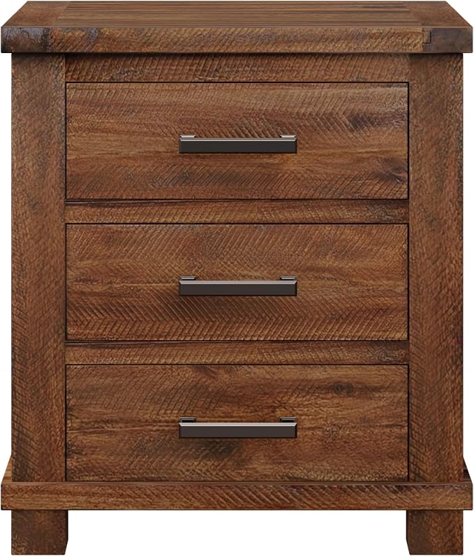 Knocbel Farmhouse Nightstand with 3 Storage Drawers, Reclaimed Pine Wood Bedside Table Night Stand Sofa Side End Table with Antique Metal Handles, Fully Assembled (Natural 2-Piece)