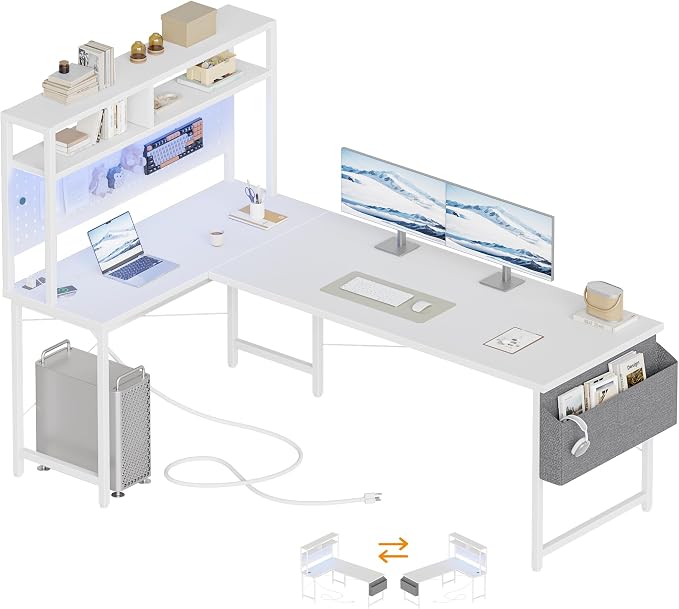 Mericonia 59 inch Large L Shaped Desk with Pegboard Hutch & Shelves, Corner Gaming Desk with Power Outlet, LED Light & Storage Bag, Reversible Computer Desk for Home, Bedroom, Office Workspace, White