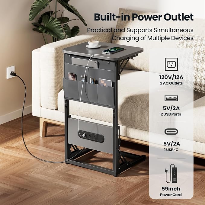 HLDIRECT C Shaped End Table with Charging Station, Couch Side Table with Storage Bag, Foldable TV Tray with 2 USB Ports and Outlets for Living Room, Bedroom, Gray