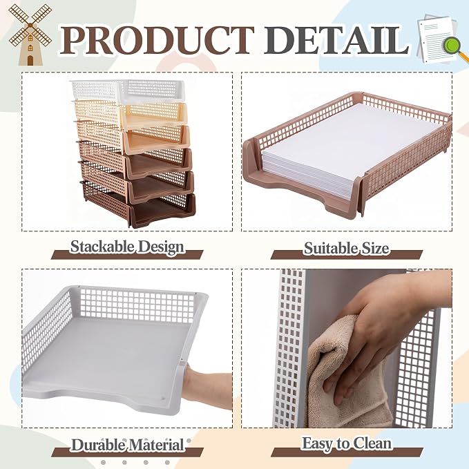 Geetery Set of 6 Plastic Trays for Teachers Turn in Trays Classroom Stackable Paper Tray Plastic Classroom Teachers Desk Letter Organizer Storage Baskets for Office, Desk, Home (Gradient Brown)