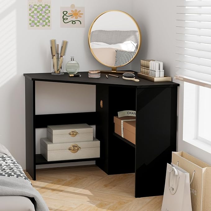 SlickBlue Corner Computer Desk with Triangle Design and Storage Shelf for Space-Saving