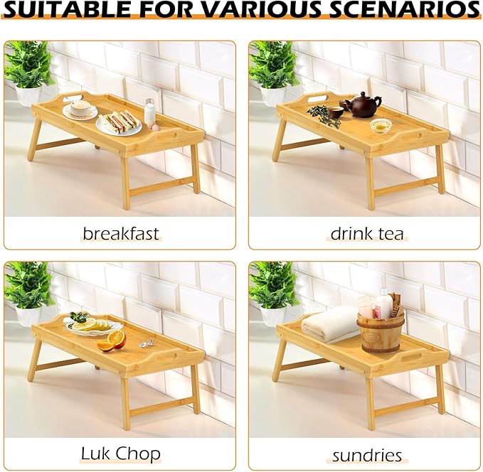 2 Pack Bamboo Bed Tray Table, Folding Legs and Handles, Breakfast Tray, Laptop Desk for Bed or Sofa, Serving Tray for Eating, Working, Reading,Picnic