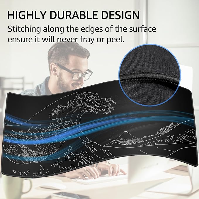 KTRIO Large Gaming Mouse Pad, Desk Mat, 31.5 x 15.7 in, Kanagawa Wave, XXL | Smooth Micro-Weave Surface, Artistic Pattern Design, Non-Slip Rubber Base, Durable Stitched Edges, Office & Home Use