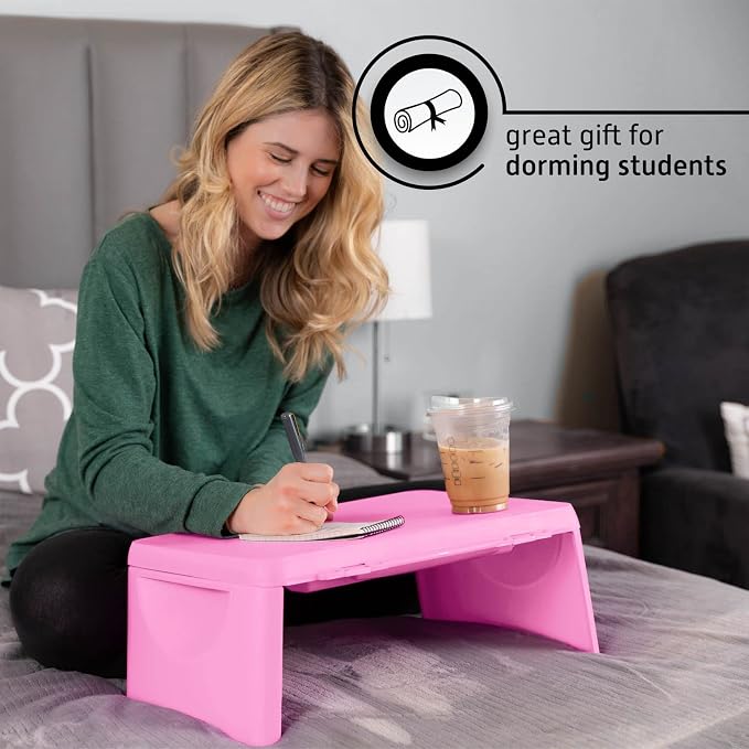 MAVOCRAFT Foldable Kids Lap Tray with Storage - Portable Lap Desk Kids & Adults - Kids Lap Desk for Breakfast in Bed, Serving Tray, Car Desk & Gaming (Pink)