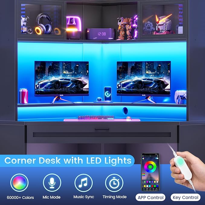 SEDETA 31.5" Corner Desk with Drawers, Small Office Computer Desk with Storage Shelves & Hutch for Small Space, Gaming Desk with LED Lights & Power Strip for Home Office, Black