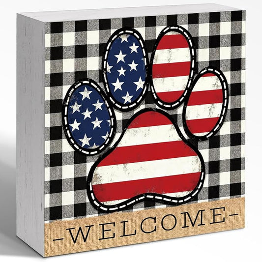 Patriotic Wooden Box Sign,Welcome Dog Paw 4th Of July Signs Home Decor,Independence Memorial Day Block Sign for Dog Lovers Shelf Tabletop Decor