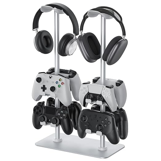 MANMUVIMO Headset Controller Stand for 2 Headset and 8 Controller, Headphone Stand Gaming Controller Holder for PS5 Xbox Airpods Beats Bose, Gaming Room Accessories, Gamer Gifts for Men (White)