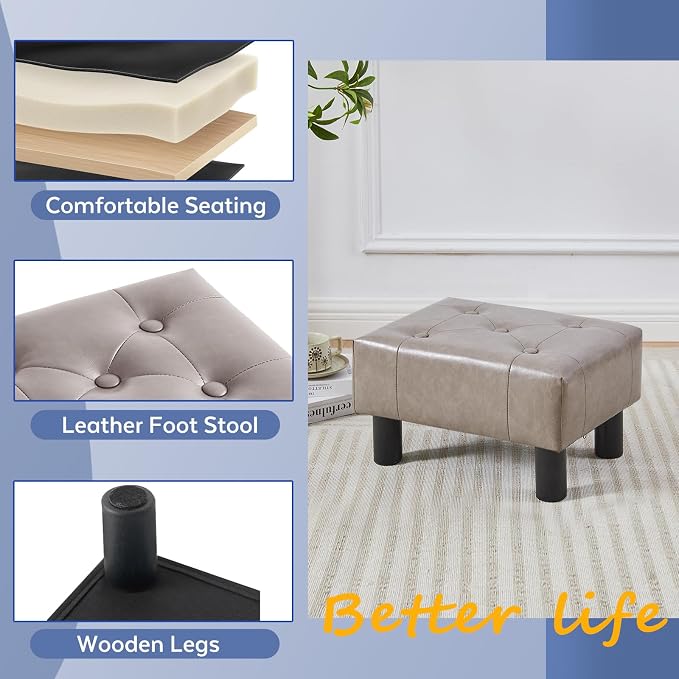 Small Foot Stool Ottoman, Faux Leather Footstool Ottoman Foot Rest for Couch, Rectangle Footstools and Ottomans Small for Living Room, Entryway and Bedroom (Gray)